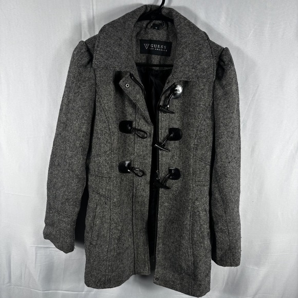 Guess Los Angeles Herringbone Tweed Toggle Peacoat Jacket Size Medium - Picture 2 of 6